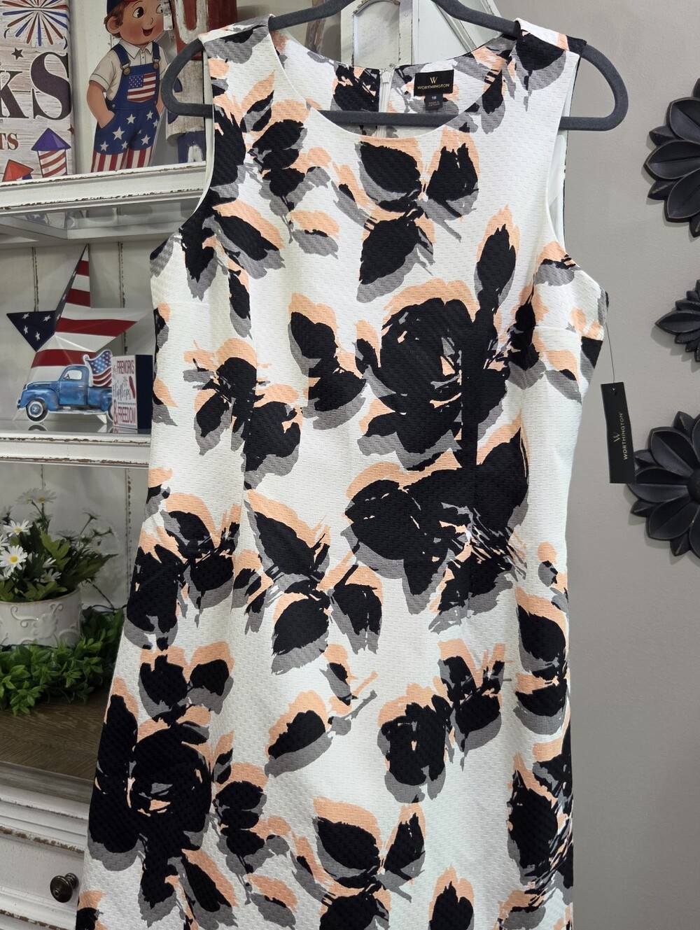 Worthington White Floral Shift Dress with Black and Peach Accents